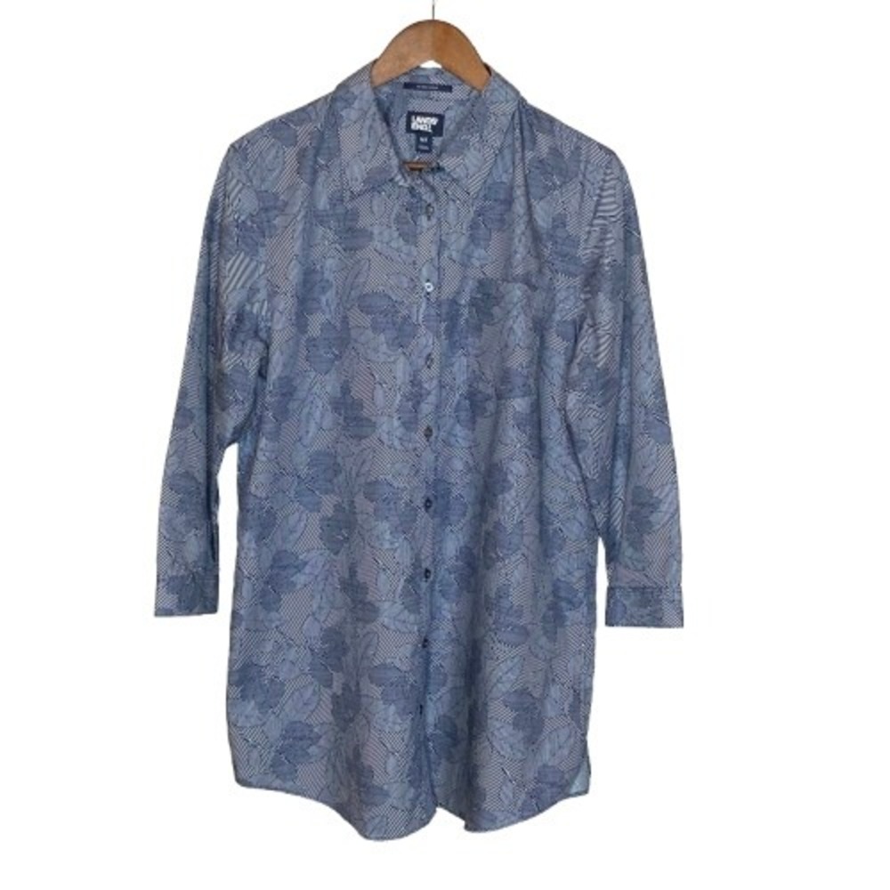 Lands End Womens Abstract Floral Button Up Shirt 16T Blue No Iron Supima Cotton